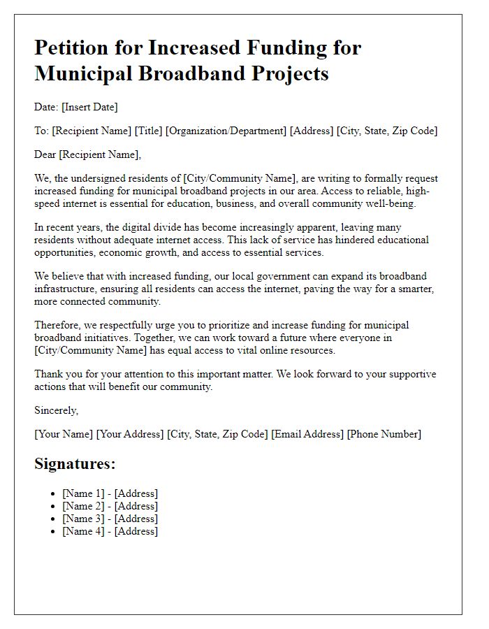 Letter template of petition for increased funding for municipal broadband projects