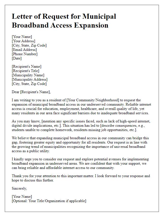 Letter template of request for municipal broadband access expansion for underserved communities