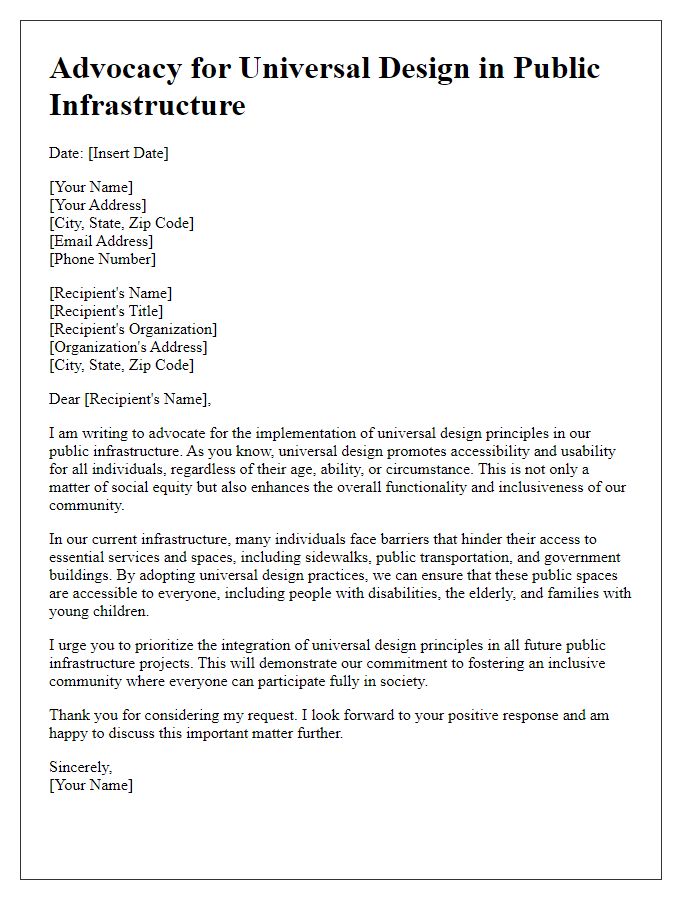 Letter template of advocacy for universal design in public infrastructure.