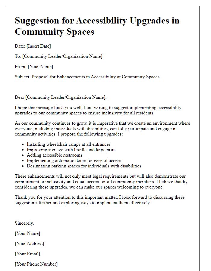 Letter template of suggestion for accessibility upgrades in community spaces.