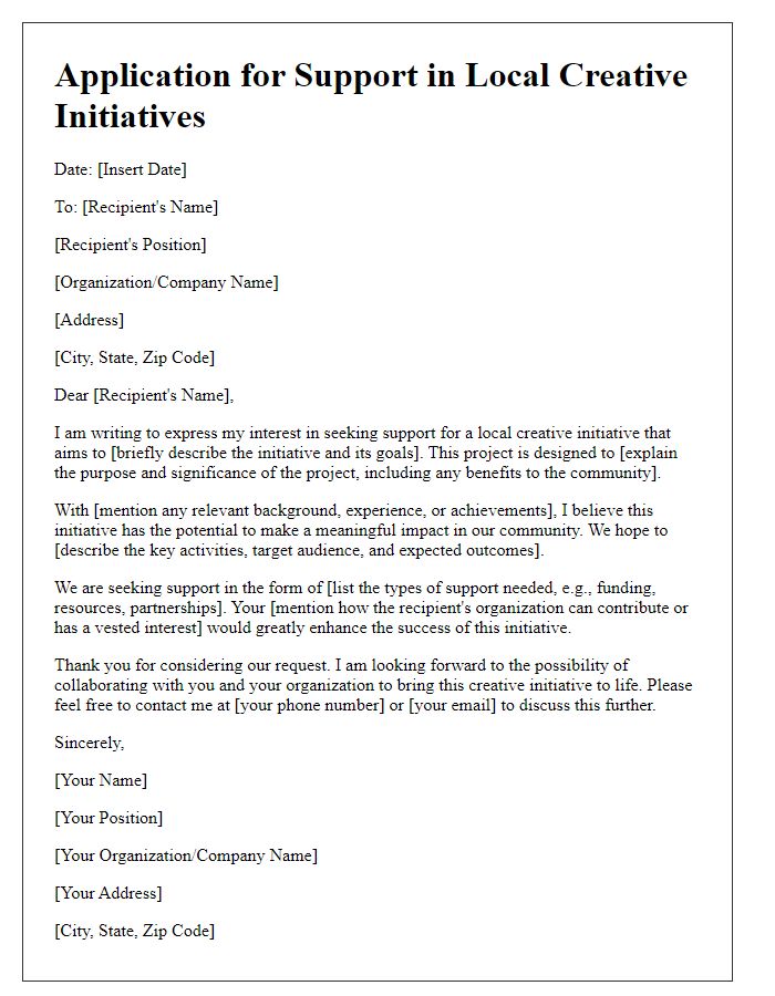 Letter template of application for support in local creative initiatives