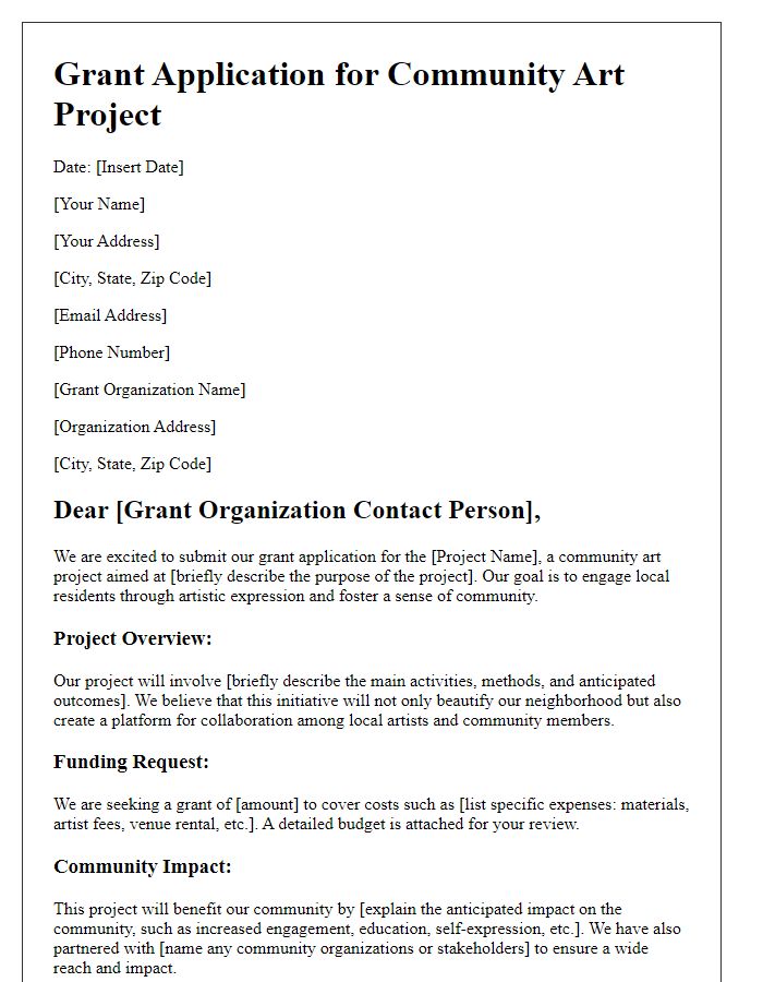 Letter template of community art project grant application