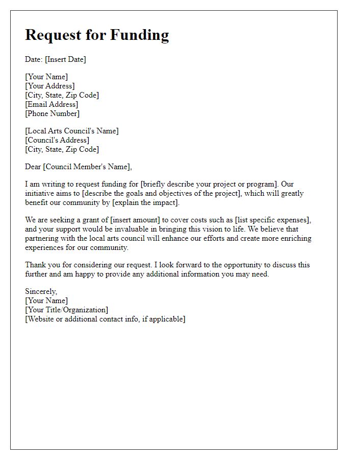 Letter template of request for funding from local arts council