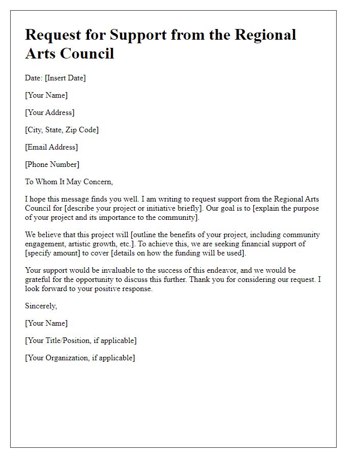 Letter template of request for support from regional arts council