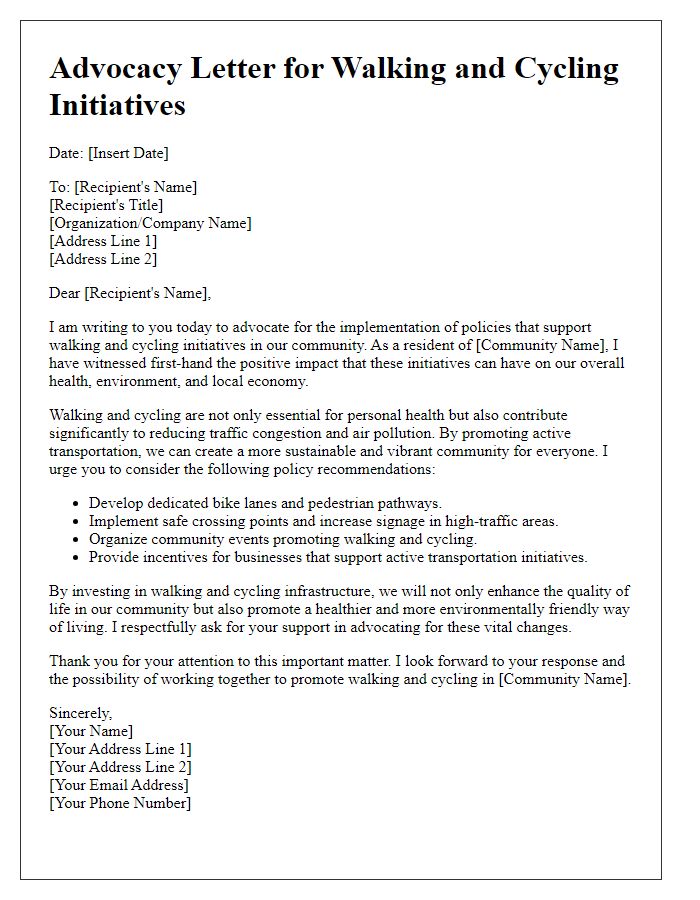 Letter template of advocacy for policies supporting walking and cycling initiatives.