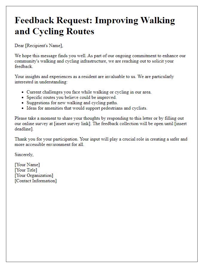 Letter template of feedback solicitation for improving walking and cycling routes.