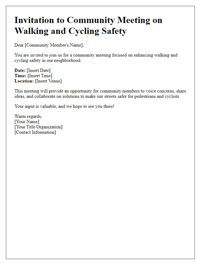 Letter template of invitation to a community meeting on walking and cycling safety.