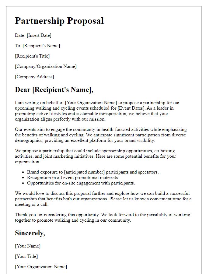 Letter template of partnership proposal for walking and cycling events.