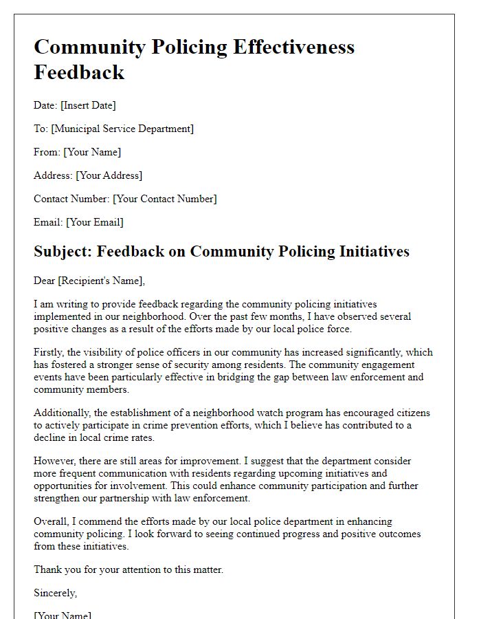 Letter template of municipal service feedback about community policing effectiveness.