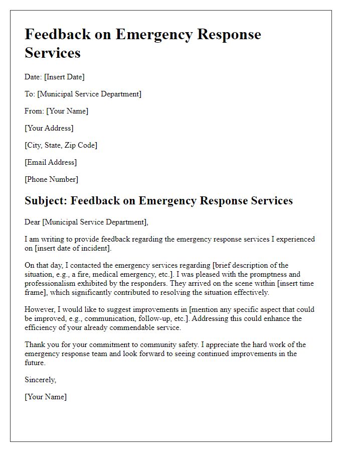 Letter template of municipal service feedback focused on emergency response services.