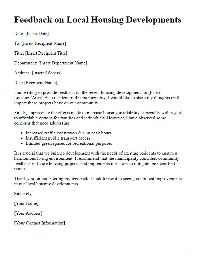 Letter template of municipal service feedback on local housing developments.