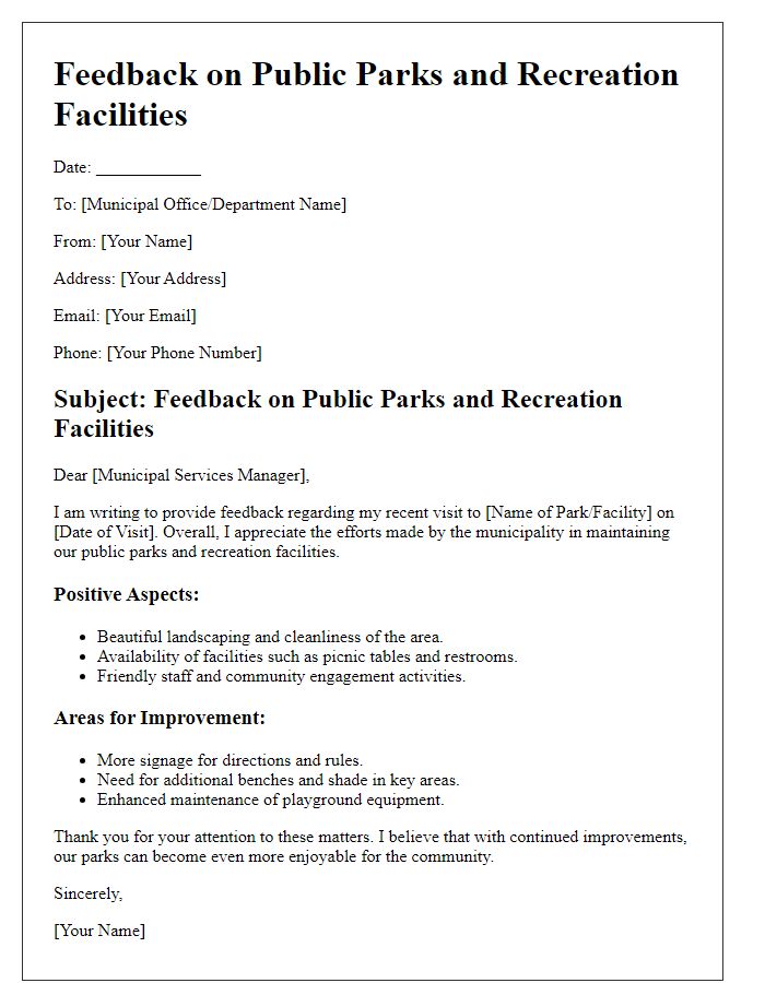 Letter template of municipal service feedback on public parks and recreation facilities.