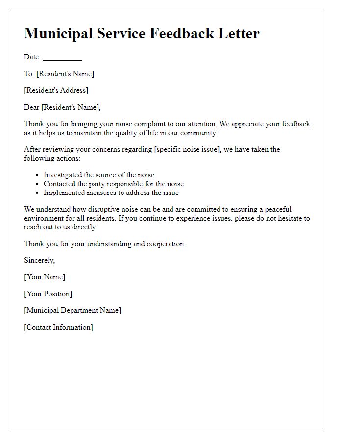 Letter template of municipal service feedback regarding noise complaints.