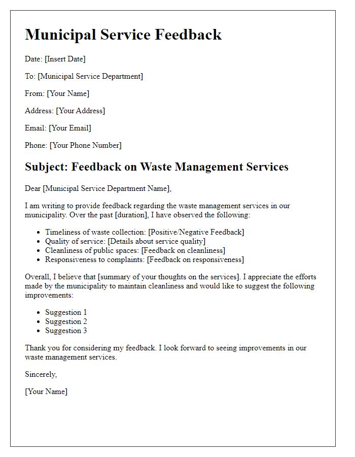 Letter template of municipal service feedback regarding waste management services.