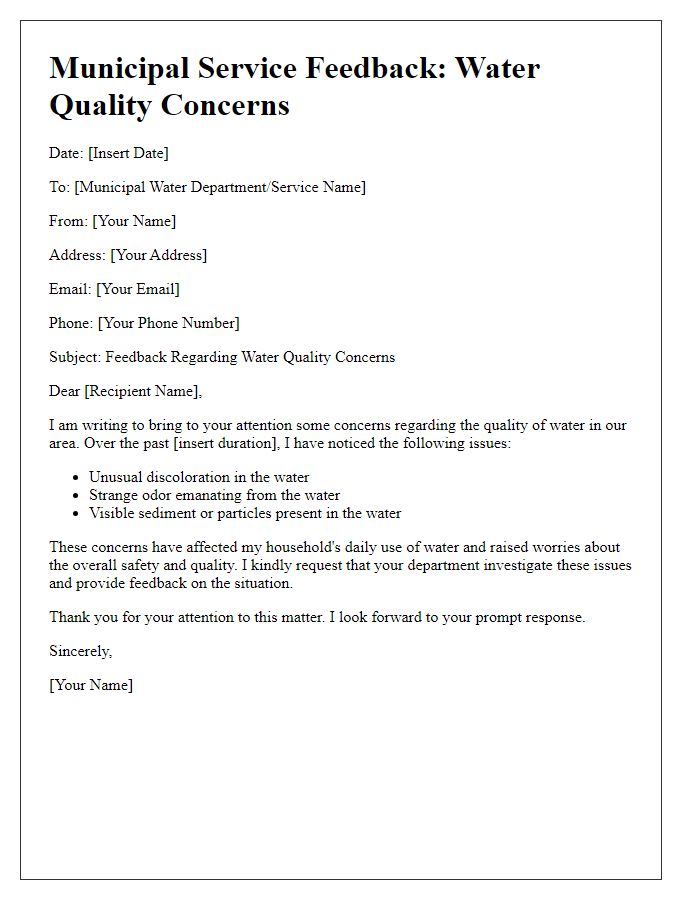 Letter template of municipal service feedback for water quality concerns.