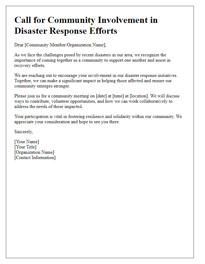 Letter template of call for community involvement in disaster response efforts