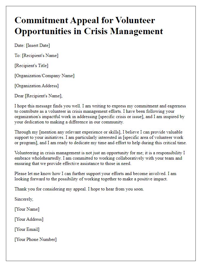 Letter template of commitment appeal for volunteer opportunities in crisis management