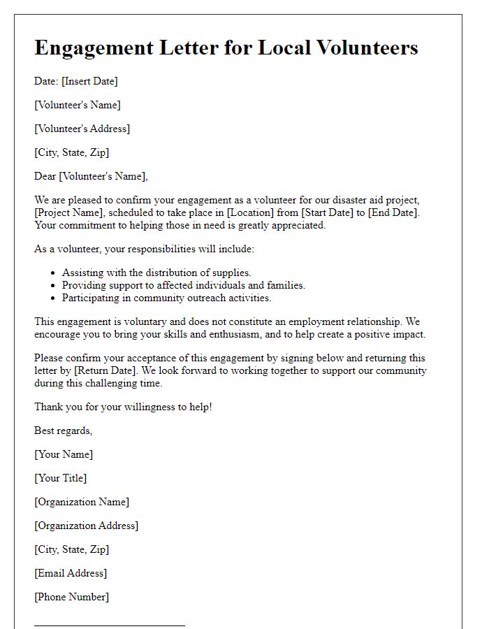 Letter template of engagement letter for local volunteers in disaster aid projects