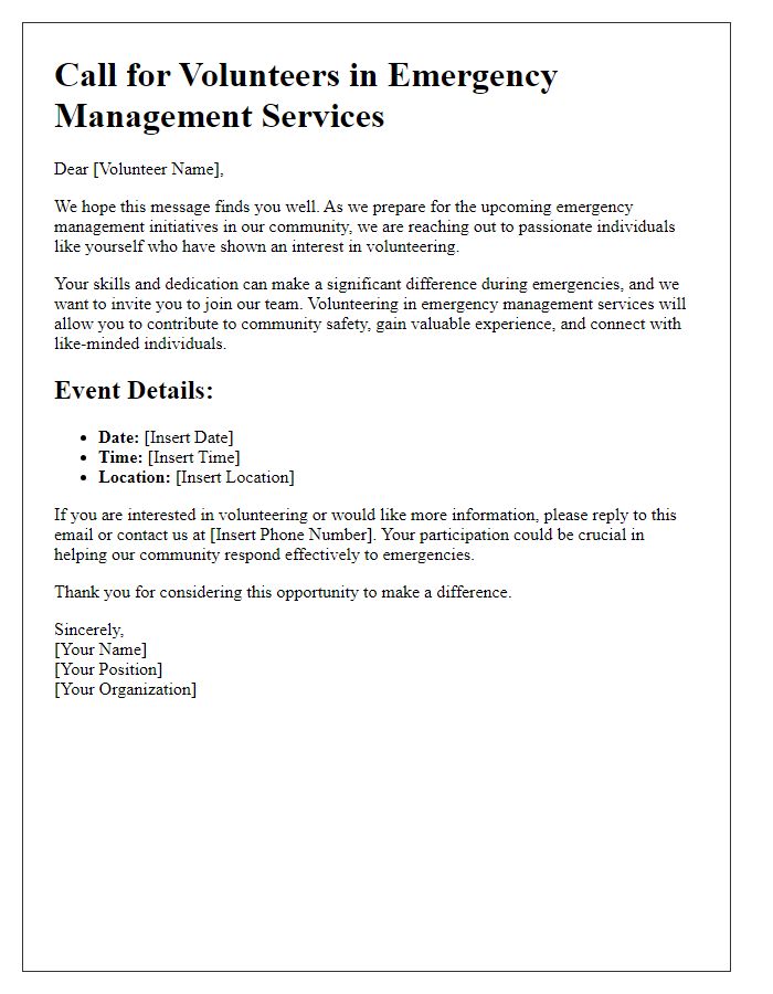 Letter template of outreach for volunteers in emergency management services