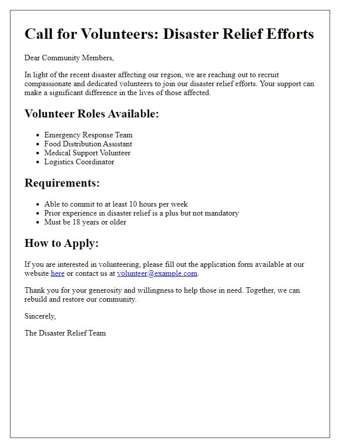 Letter template of recruitment notice for disaster relief volunteers