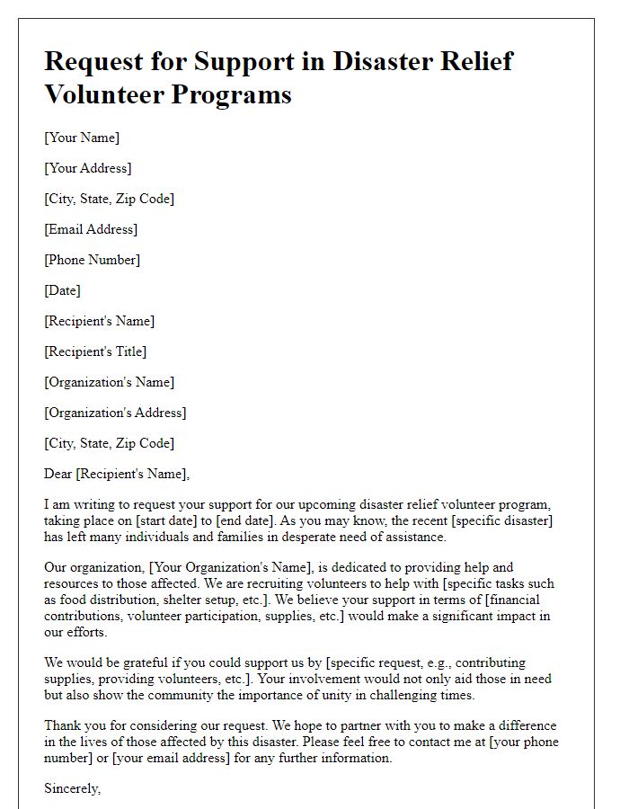 Letter template of request for support in disaster relief volunteer programs