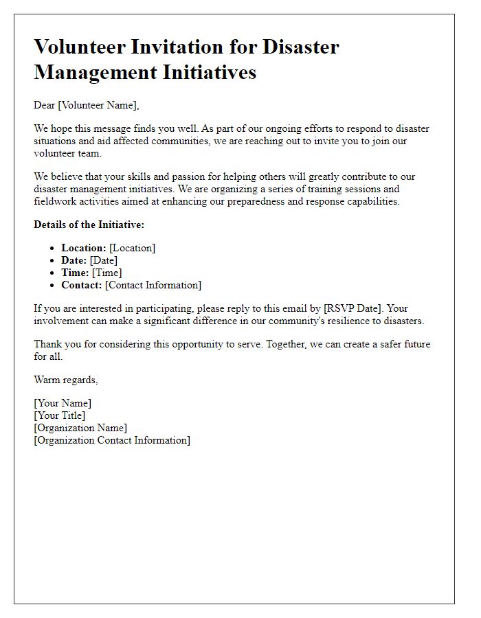 Letter template of volunteer invitation for disaster management initiatives