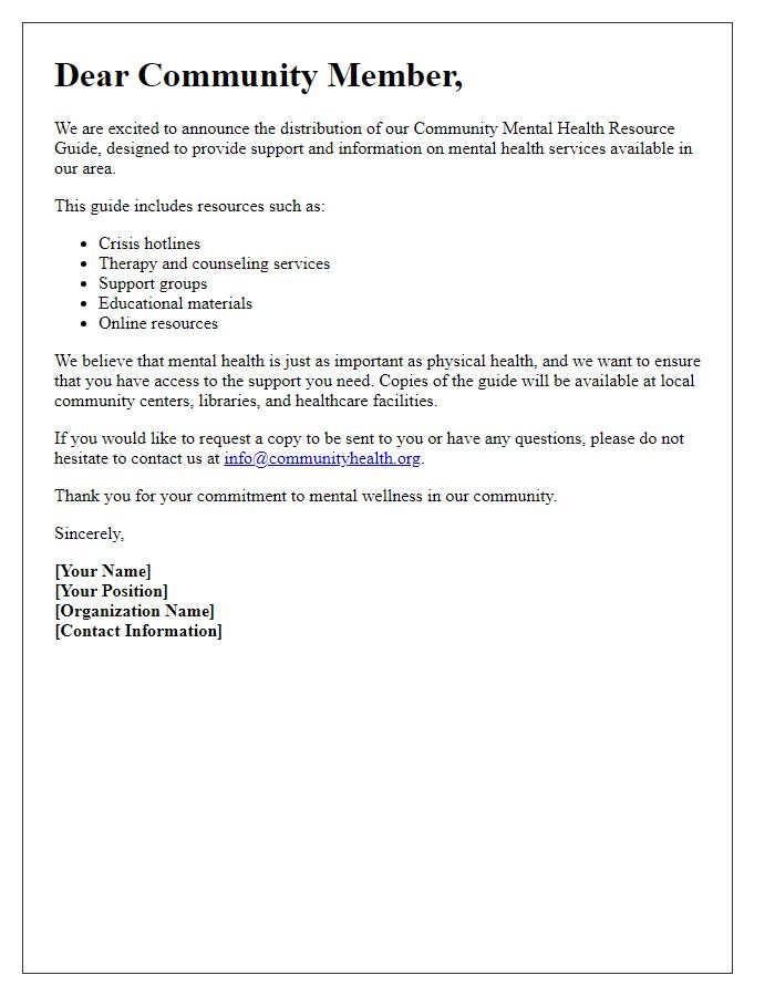 Letter template of community mental health resource guide distribution.