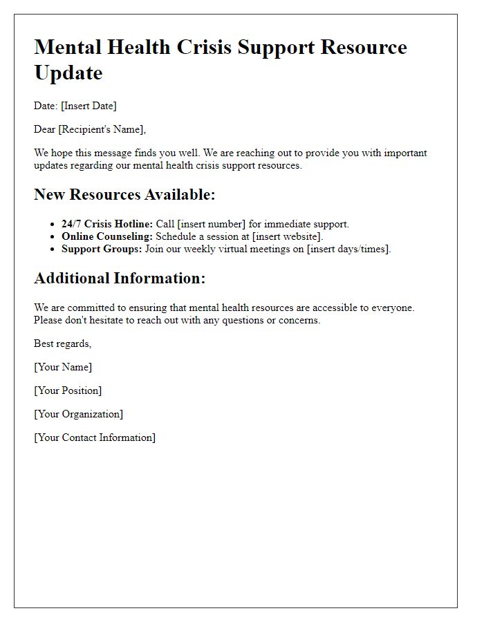 Letter template of mental health crisis support resource updates.