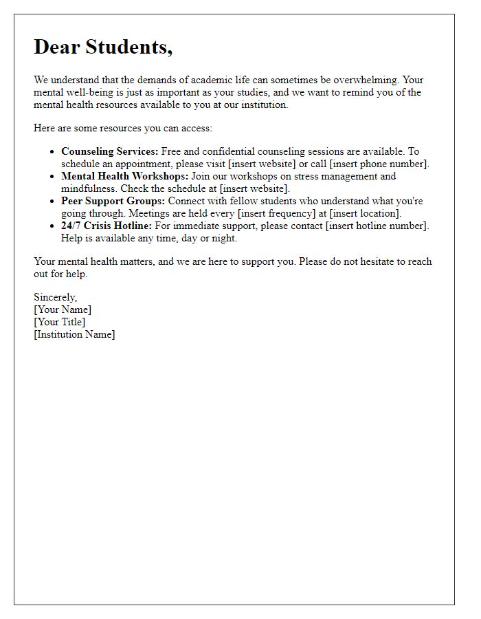 Letter template of mental health resource availability for students.