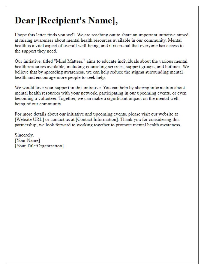 Letter template of mental health resource awareness initiative.