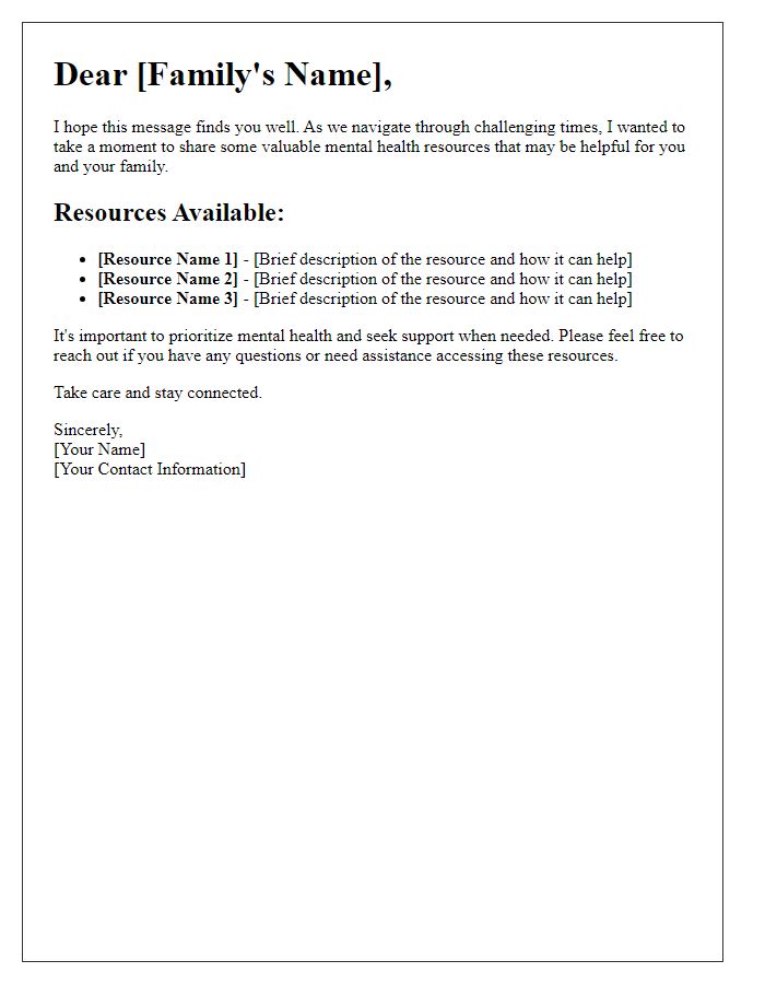 Letter template of mental health resource sharing for families.