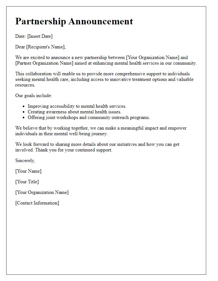 Letter template of mental health services partnership announcement.