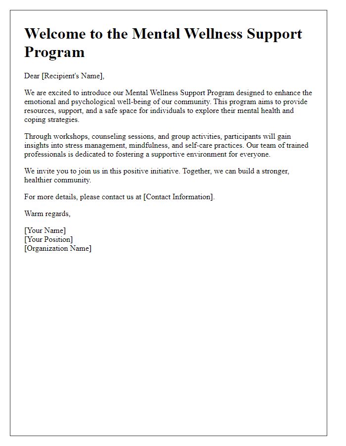 Letter template of mental wellness support program introduction.