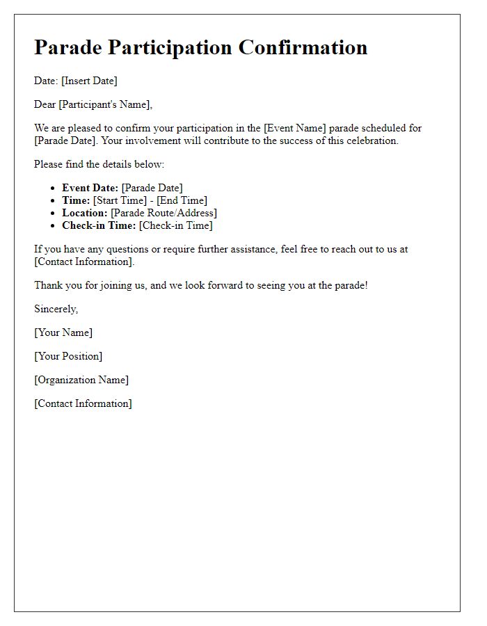 Letter template of parade participation confirmation