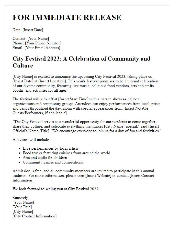 Letter template of press release for city festival