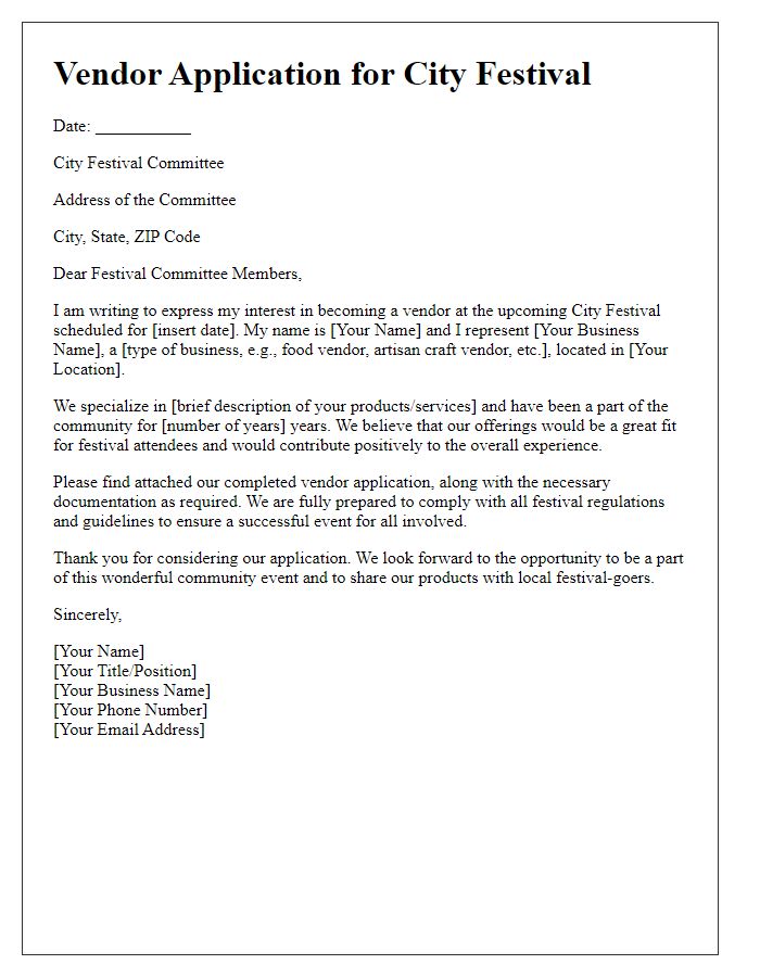 Letter template of vendor application for city festival