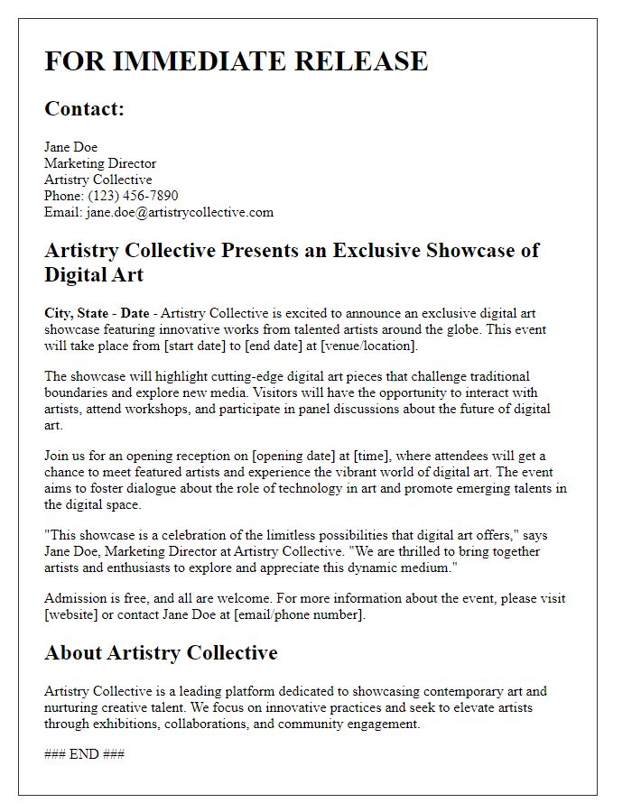 Letter template of press release for digital art showcase