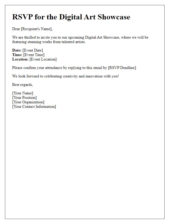 Letter template of RSVP for digital art showcase