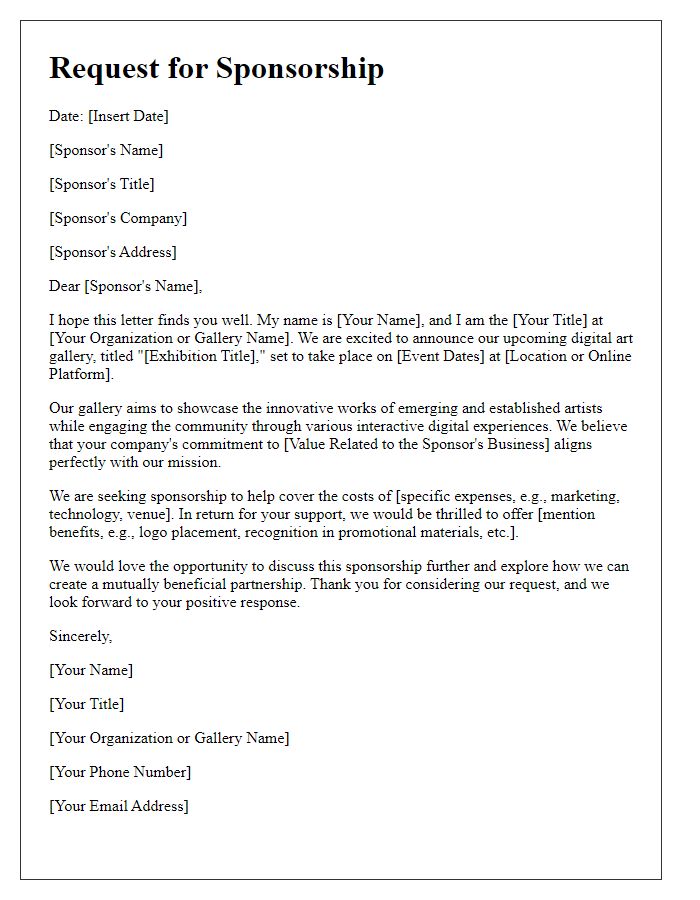 Letter template of sponsorship request for digital art gallery