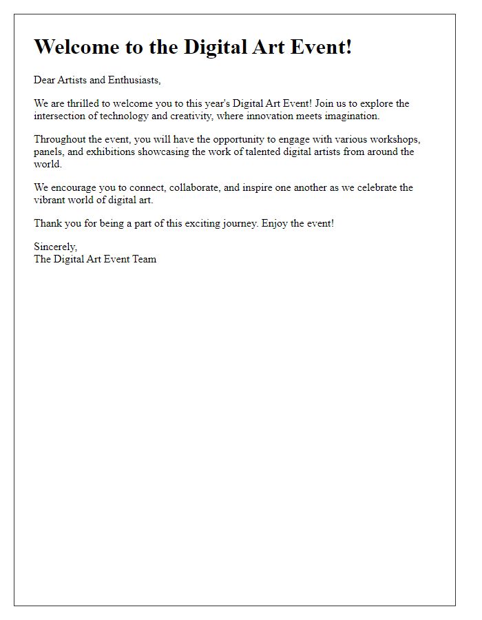 Letter template of welcome note for digital art event