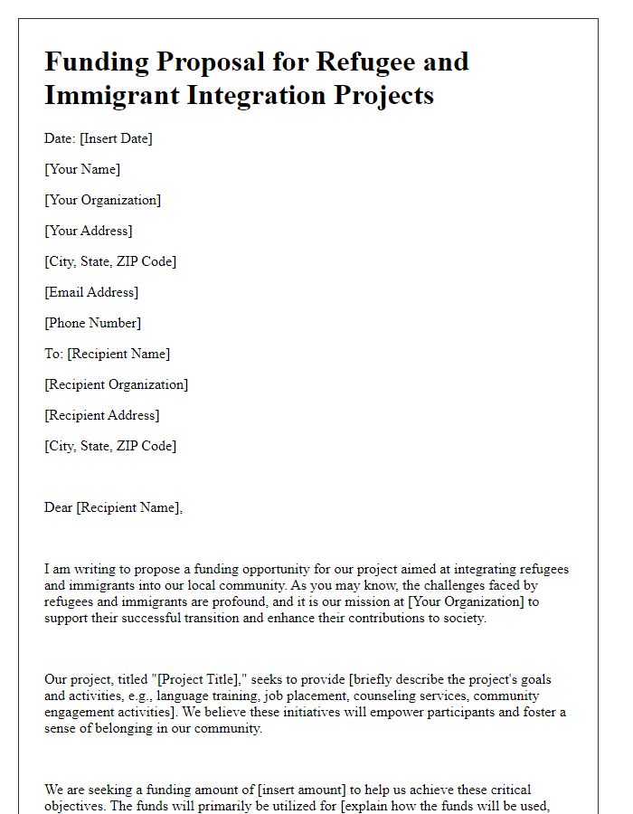 Letter template of funding proposal for refugee and immigrant integration projects