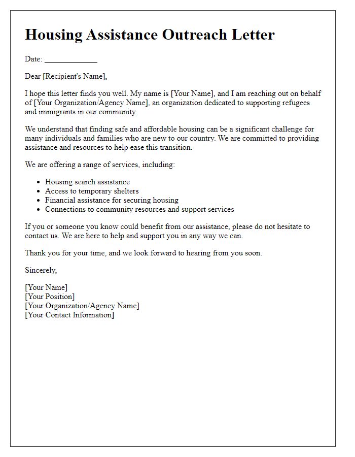 Letter template of outreach for refugee and immigrant housing assistance