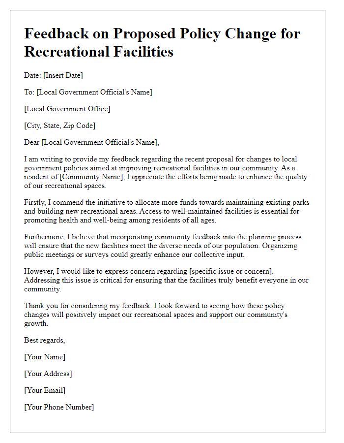 Letter template of feedback for local government policy change aimed at improving recreational facilities.