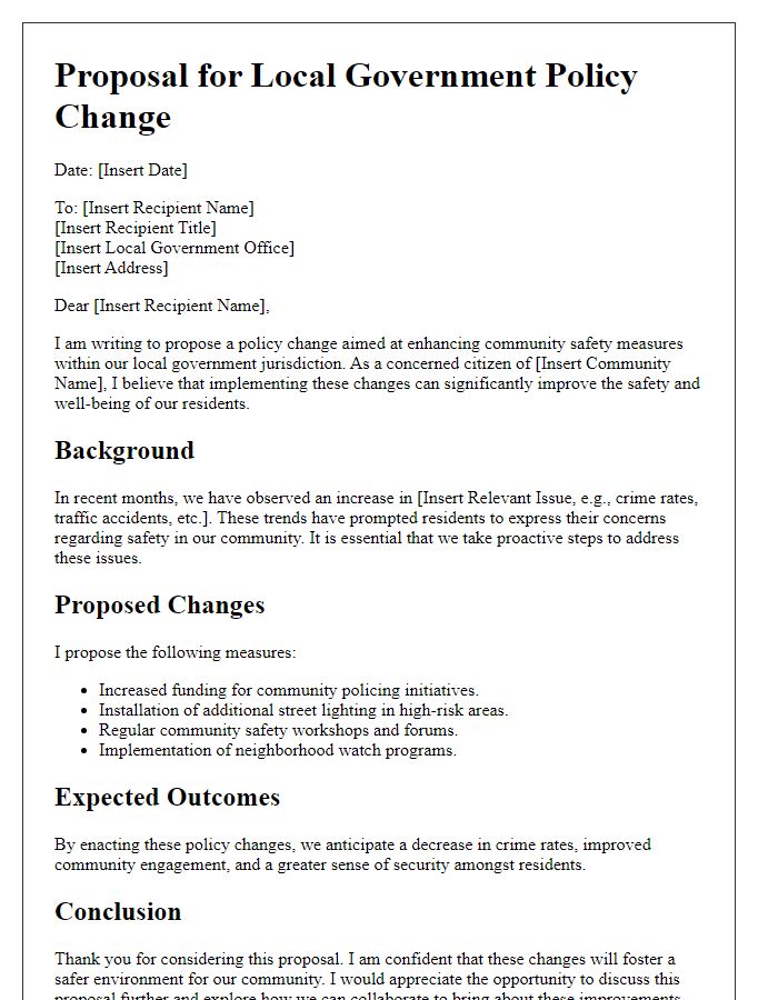 Letter template of proposal for local government policy change to enhance community safety measures.