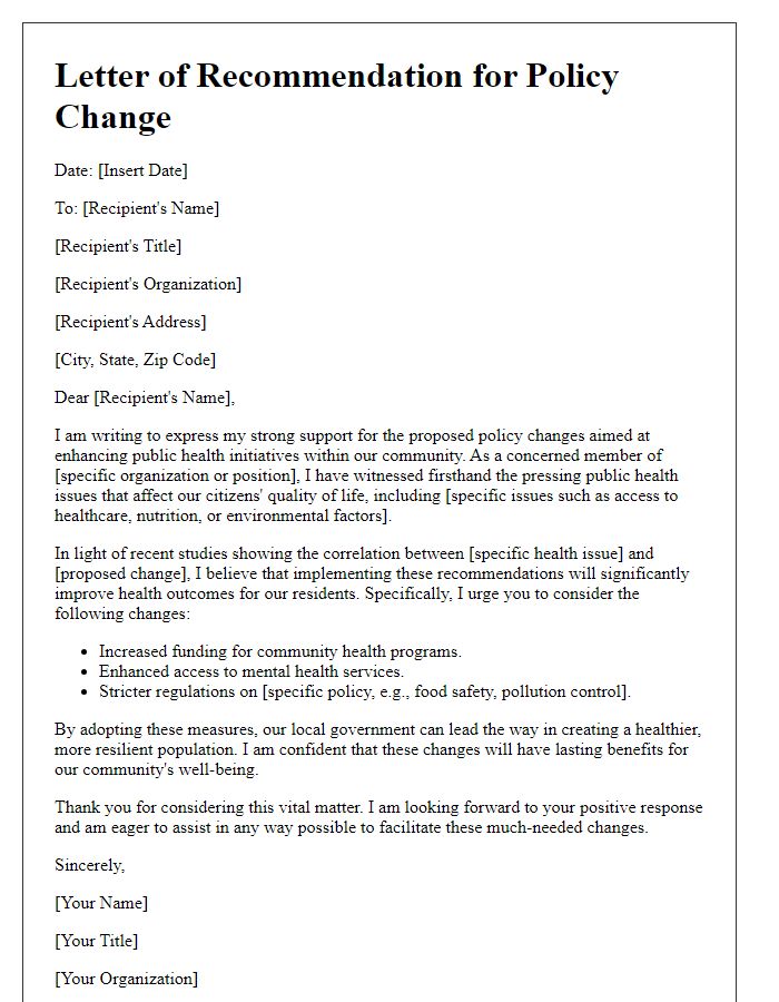 Letter template of recommendation for local government policy change addressing public health concerns.