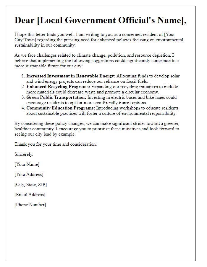 Letter template of suggestion for local government policy change focusing on environmental sustainability.