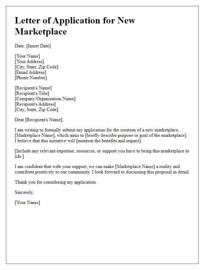 Letter template of application for creating a new marketplace