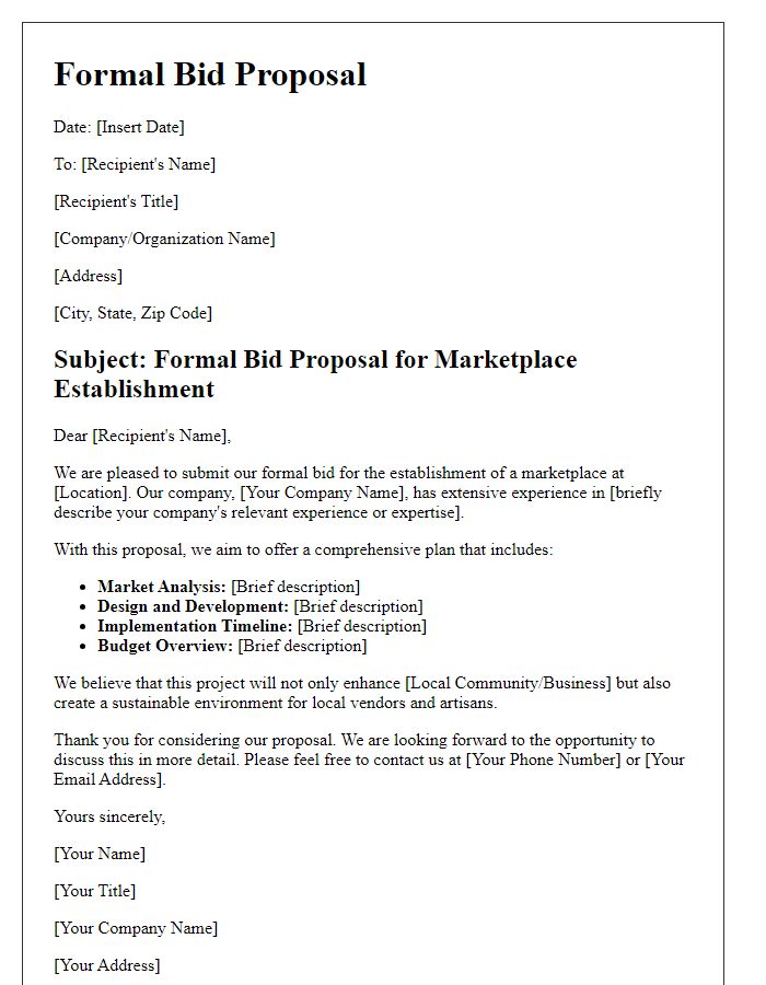 Letter template of formal bid for marketplace establishment