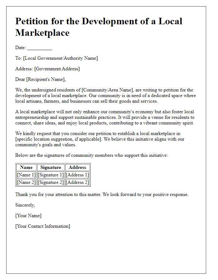 Letter template of petition for the development of a local marketplace