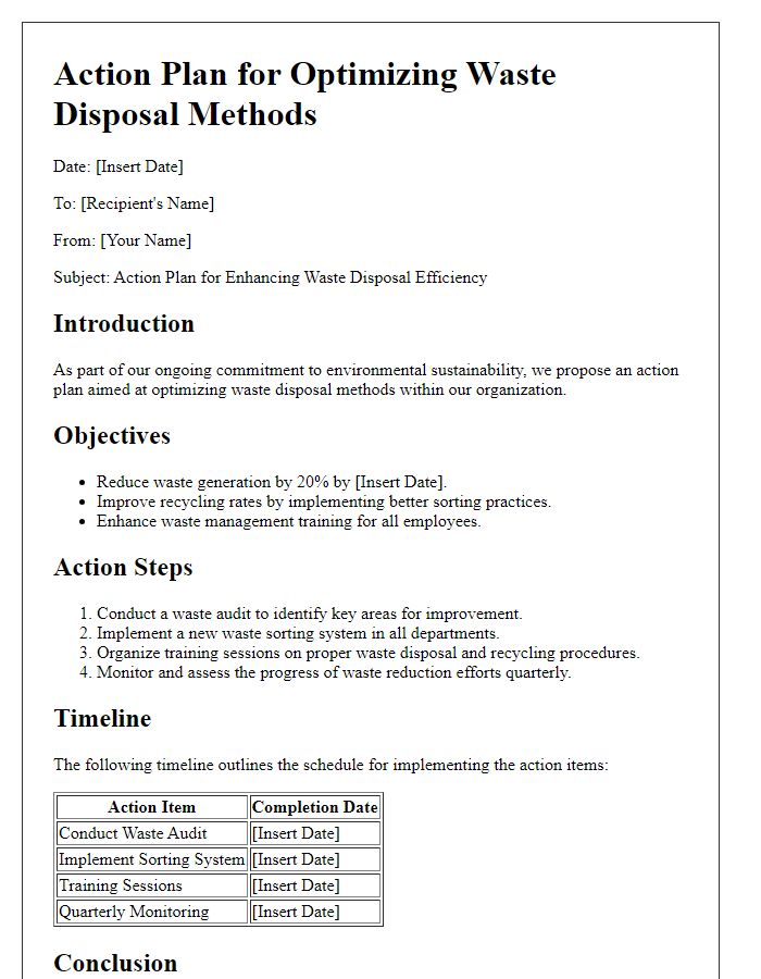 Letter template of action plan for optimizing waste disposal methods